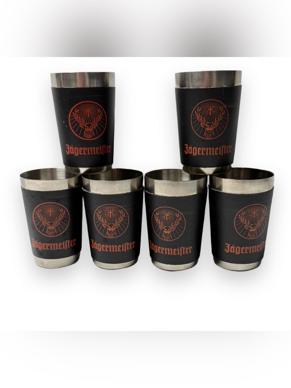 Jagermeister Stainless Steel Shot Glasses Lot of 6 Black Leather Wrapped Metal